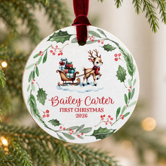 Personalized Baby First Christmas Ornament, 3.5in Wooden Reindeer