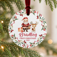 Baby First Christmas Ornament, Personalized Wood 3.5in Round Mini