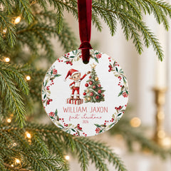 Personalized Elf Ornament, Baby's First Christmas 3.5 Inch Wooden