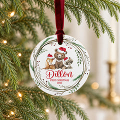 Personalized Baby First Christmas Ornament, 3.5in Wood Round, Deer