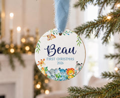 Personalized Baby Ornament, Safari Wood 3.5in Round Name Keepsake
