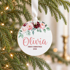 Personalized Baby Ornament, Floral Girl 3.5in First Christmas 2026