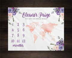 Floral World Map Girl Milestone Blanket