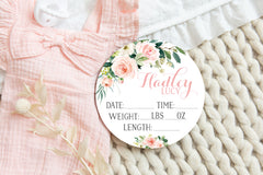 Pink Floral Round Birth Stat Sign