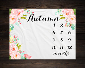 Girl Milestone Blanket Month Growth Tracker Minky Fleece Blanket Custom Personalized Baby Shower Gift Watercolor Floral Newborn