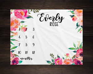 Baby Girl Milestone Blanket Month Growth Tracker Minky Fleece Blanket Custom Personalized Baby Shower Gift Watercolor Floral Newborn