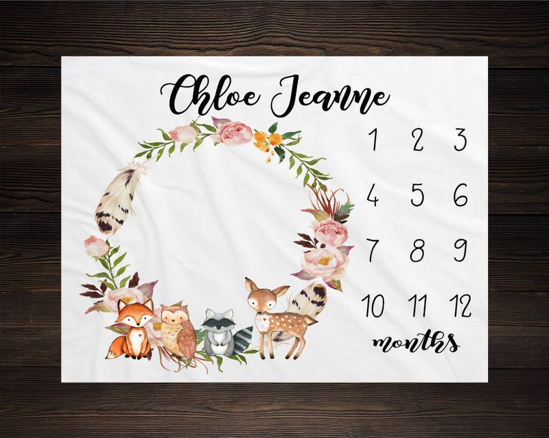 Woodland Milestone Blanket Monthly Growth Tracker Soft Fleece Fox Blanket Baby Shower Gift Newborn Gift Blanket Watch Me Grow Baby Girl