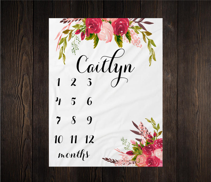 Burgundy and Pink Floral Girl Milestone Blanket