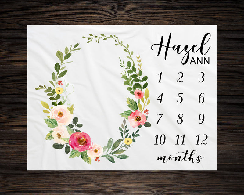 Baby Girl Milestone Blanket Month Growth Tracker Minky Fleece Blanket Custom Personalized Baby Shower Gift Watercolor Floral Newborn
