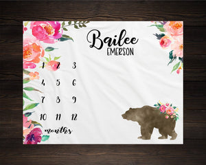 Bear Milestone Blanket Month Growth Tracker Minky Fleece Blanket Custom Personalized Baby Shower Gift Watercolor Floral Newborn