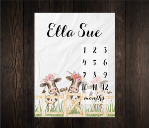 Cows Milestone Blanket Month Growth Tracker Minky Fleece Blanket Custom Personalized Baby Shower Gift Watercolor Floral Newborn