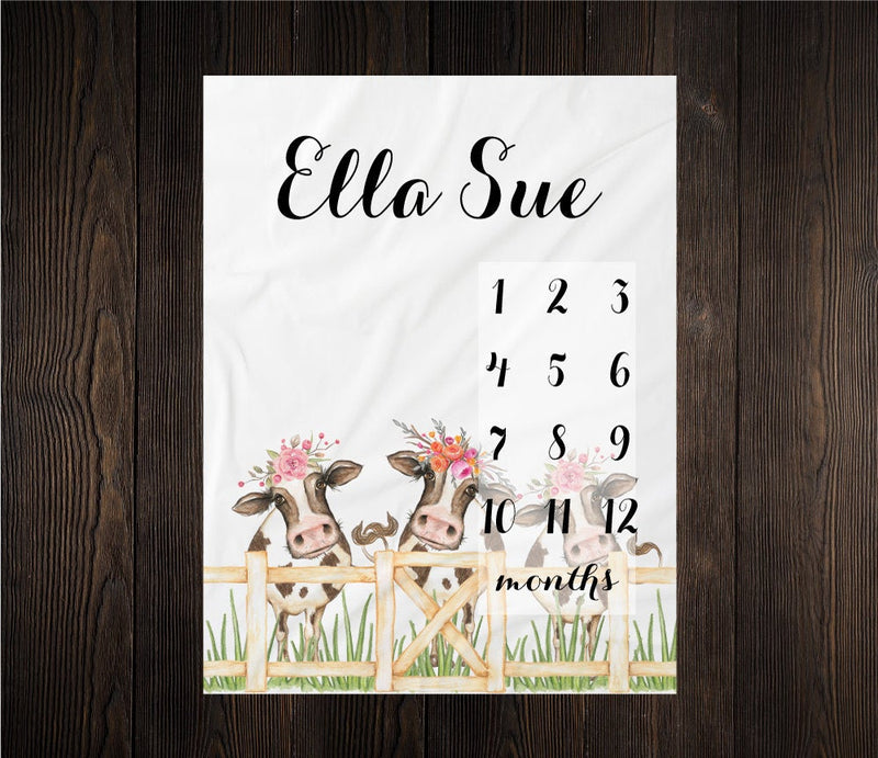 Cows Milestone Blanket Month Growth Tracker Minky Fleece Blanket Custom Personalized Baby Shower Gift Watercolor Floral Newborn