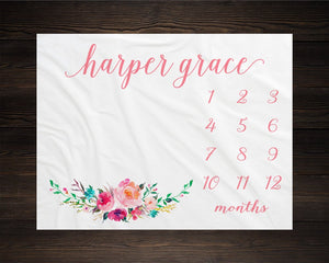 Baby Girl Milestone Blanket Month Growth Tracker Minky Fleece Blanket Custom Personalized Baby Shower Gift Watercolor Floral Newborn