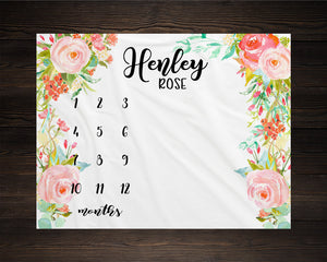 Girl Milestone Blanket Month Growth Tracker Minky Fleece Blanket Custom Personalized Baby Shower Gift Watercolor Floral Newborn
