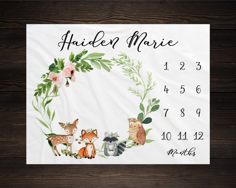 Woodland Girl Milestone Blanket Month Growth Tracker Minky Fleece Blanket Custom Personalized Baby Shower Gift Watercolor Floral Newborn
