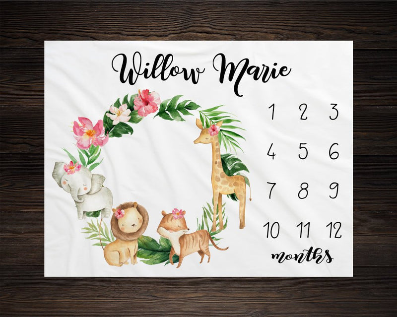 Safari Baby Milestone Blanket Month Blanket Growth Tracker Fleece Blanket Baby Shower Elephant Baby Newborn Gift  Safari Animals Girl