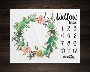 Succulent Milestone Blanket Month Growth Tracker Minky Fleece Blanket Custom Personalized Baby Shower Gift Watercolor Floral Tribal Cactus