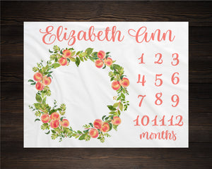 Peaches Milestone Blanket Month Growth Tracker Minky Fleece Blanket Custom Personalized Baby Shower Gift Watercolor Floral Newborn Peach