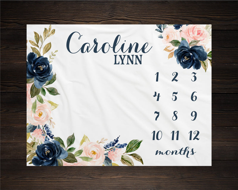 Girl Milestone Blanket Personalized Monthly Growth Tracker Custom Baby Shower Gift For New Mom Watercolor Floral Blanket For Newborn Nursery