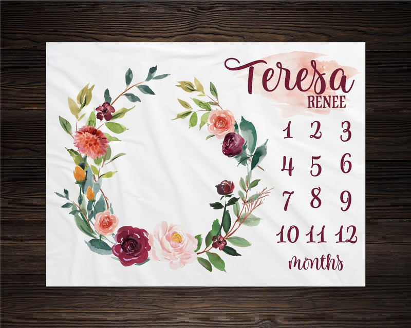 Girl Milestone Blanket Personalized Monthly Growth Tracker Custom Baby Shower Gift For New Mom Watercolor Floral Wreath For Newborn Nursery