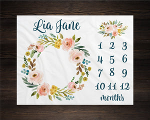 Girl Milestone Blanket Personalized Monthly Growth Tracker Custom Baby Shower Gift For New Mom Watercolor Floral Blanket For Newborn Nursery