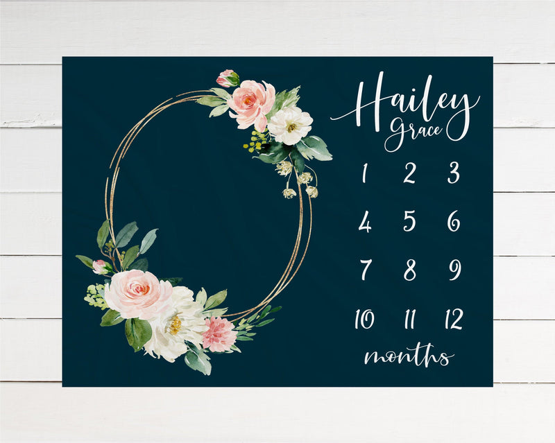 Girl Milestone Blanket Month Growth Tracker Minky Fleece Blanket Custom Personalized Baby Shower Gift Watercolor Floral Newborn
