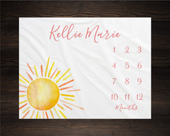 Sun Milestone Blanket Personalized Monthly Growth Tracker Custom Baby Shower Gift For New Mom Watercolor Blanket Newborn  Nursery