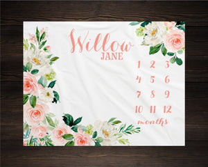 Girl Milestone Blanket Personalized Monthly Growth Tracker Custom Baby Shower Gift For New Mom Watercolor Floral Blanket For Newborn Nursery
