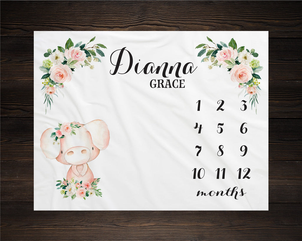 Girl Milestone Blanket Personalized Monthly Growth Tracker Custom Baby Shower Gift Pig Watercolor Floral Blanket For Newborn Nursery Farm