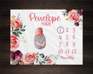 Girl Milestone Blanket Personalized Monthly Growth Tracker Custom Baby Shower Gift For New Mom Watercolor Floral Blanket For Newborn Nursery