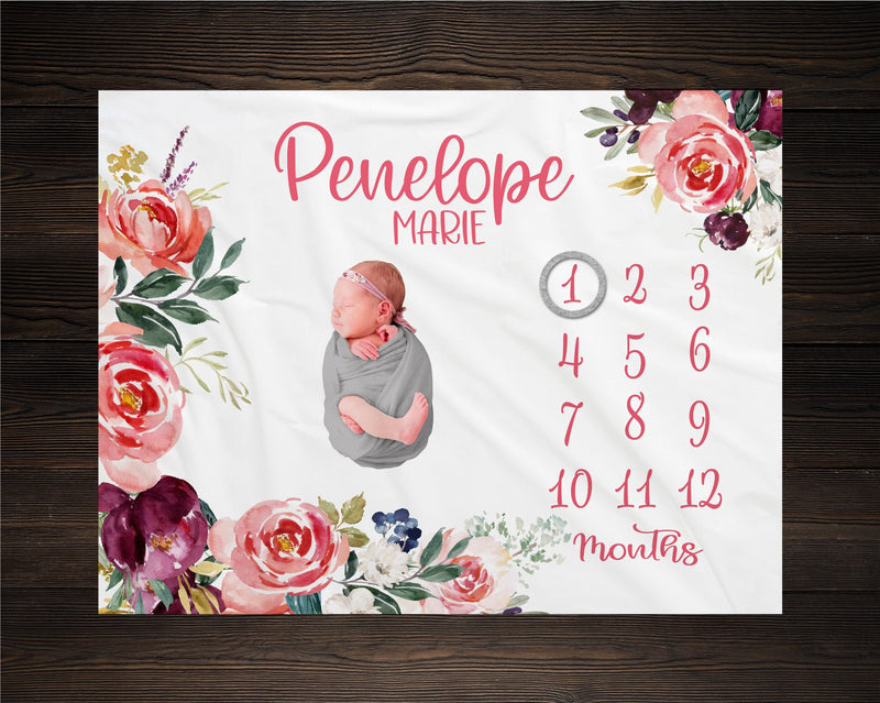 Girl Milestone Blanket Personalized Monthly Growth Tracker Custom Baby Shower Gift For New Mom Watercolor Floral Blanket For Newborn Nursery