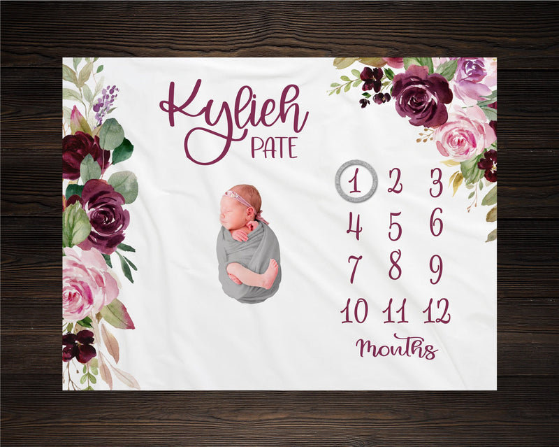 Girl Milestone Blanket Personalized Monthly Growth Tracker Custom Baby Shower Gift For New Mom Watercolor Floral Blanket For Newborn Nursery