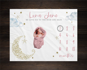Moon and Stars Milestone Blanket, Baby Milestone Blanket, Luna Milestone Blanket, Personalized Baby Blanket, Baby Shower Gift, Baby Girl