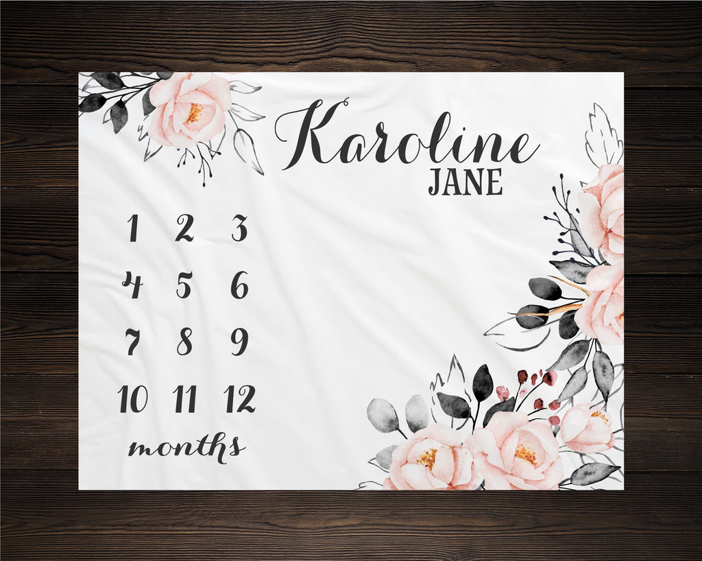Floral Milestone Blanket Personalized Monthly Growth Tracker Custom Baby Shower Gift For New Mom Blanket For Newborn Nursery Gray And Pink