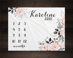 Floral Milestone Blanket Personalized Monthly Growth Tracker Custom Baby Shower Gift For New Mom Blanket For Newborn Nursery Gray And Pink