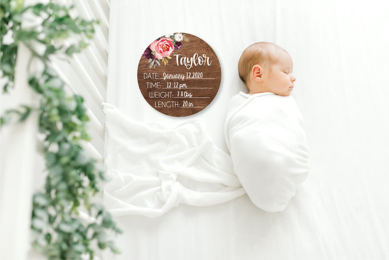 Purple and Coral Floral Birth Stat Baby Sign