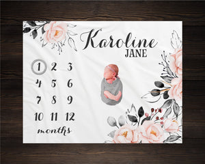 Floral Milestone Blanket Personalized Monthly Growth Tracker Custom Baby Shower Gift For New Mom Blanket For Newborn Nursery Gray And Pink