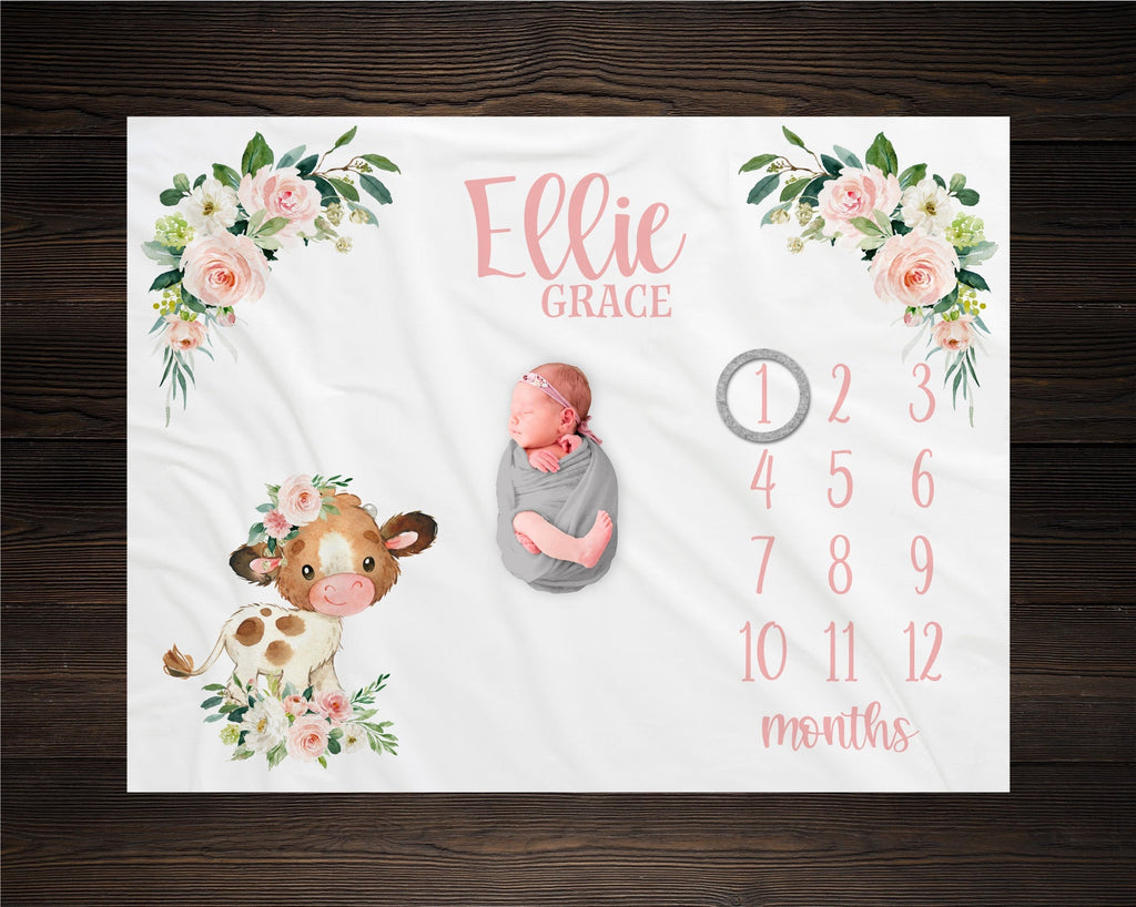 Floral Cow Milestone Blanket Personalized Monthly Growth Tracker Custom Baby Shower Gift Newborn Farm Nursery