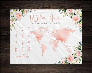 World Milestone Blanket, Baby Milestone Blanket, Floral World  Map Milestone Blanket, Personalized Baby Blanket, Baby Shower Gift, Baby Girl