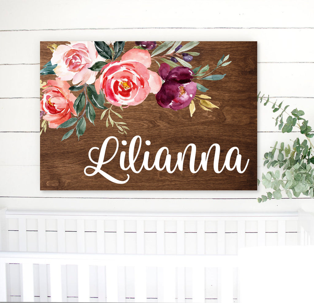 Floral Name Sign, Custom Wood Sign, Nursery Decor, Name Announcement Sign, Baby Name Sign, Personalized Baby gift, Hospital Name Tag, Crib