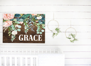 Wood Floral Name Sign, Custom Wood Sign, Nursery Decor, Name Announcement Sign, Personalized Baby gift, Hospital Name Tag, Crib