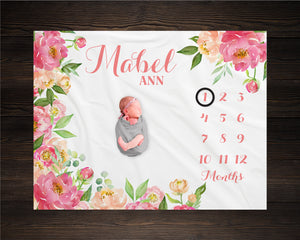 Peony Flower Milestone Blanket Personalized Monthly Growth Tracker Custom Baby Shower Gift Watercolor Pink Floral Blanket For Newborn