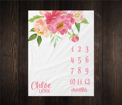 Peony Flower Milestone Blanket Personalized Monthly Growth Tracker Custom Baby Shower Gift Watercolor Pink Floral Blanket For Newborn