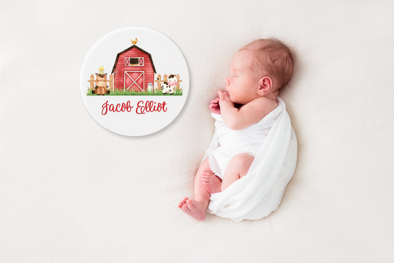 Round Wood Baby Name Sign Farm Animals Wooden Personalized Baby Name Newborn Announcement Custom Nursery Sign Decor