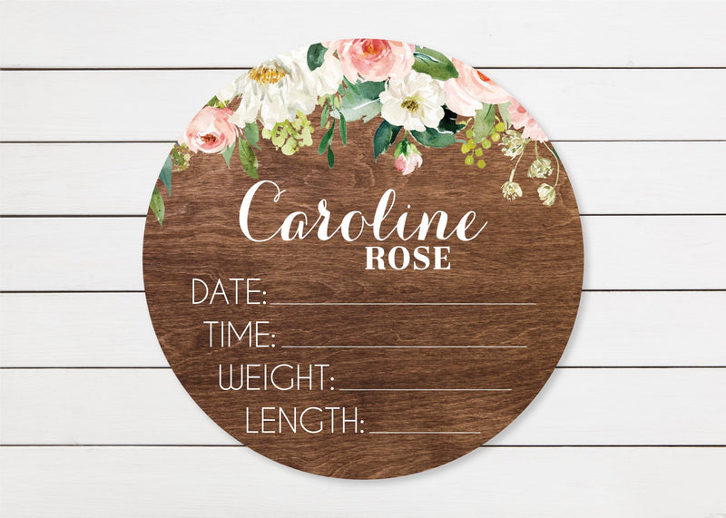 Pink and Ivory Floral Birth Stat Sign