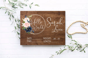 Pink and Navy Floral Hello World Birth Stat Sign