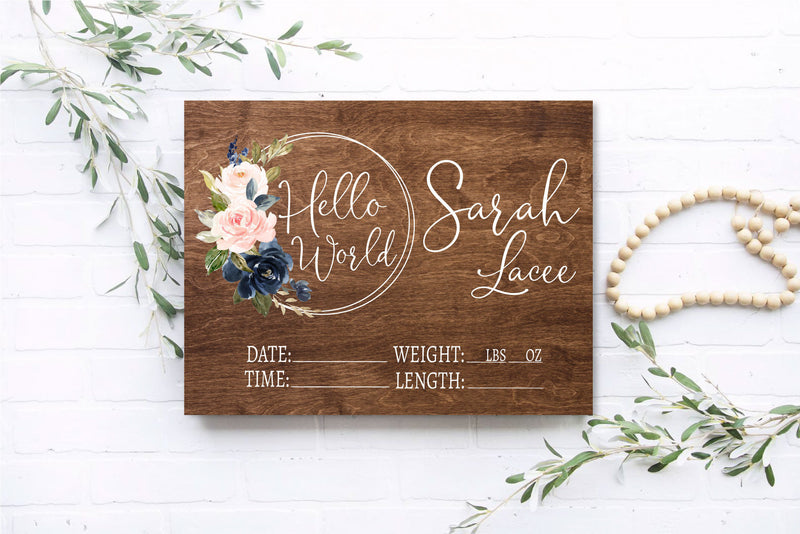 Pink and Navy Floral Hello World Birth Stat Sign
