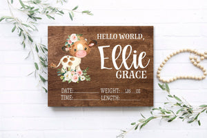 Floral Baby Cow Birth Stat Sign