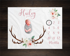 Floral Woodland Milestone Blanket Monthly Growth Tracker Antlers Blanket Baby Shower Gift Newborn Gift Blanket Watch Me Grow Baby Girl