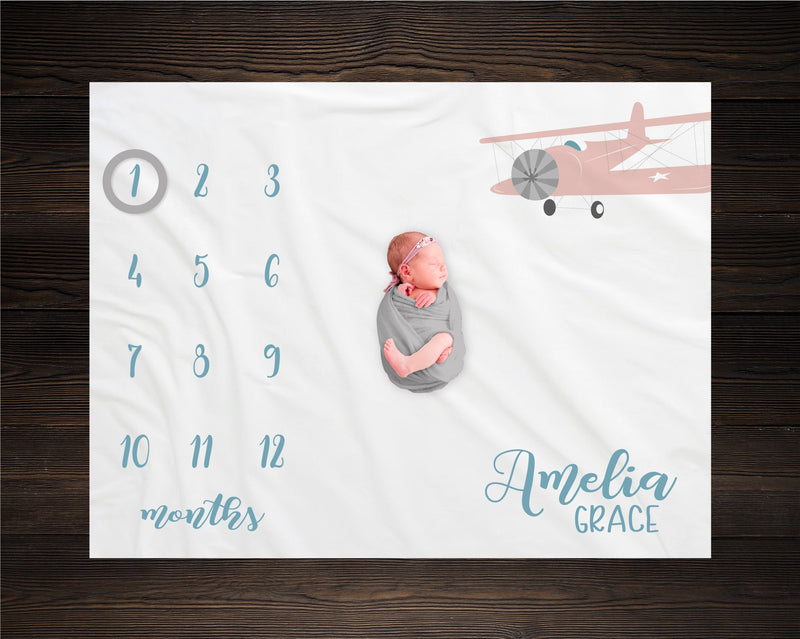 Airplane Milestone Blanket Monthly Growth Tracker Soft Fleece Aviation Blanket Baby Shower Gift Newborn Gift Blanket Watch Me Grow Baby Girl